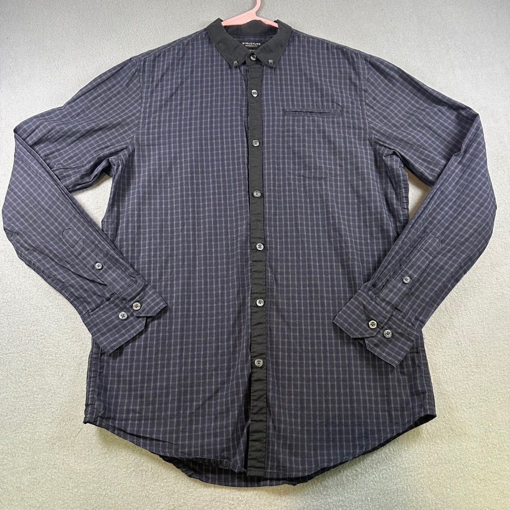 Structure Mens Modern Fit Button Down Shirt Navy Blue Grid Plaid Small Cotton
